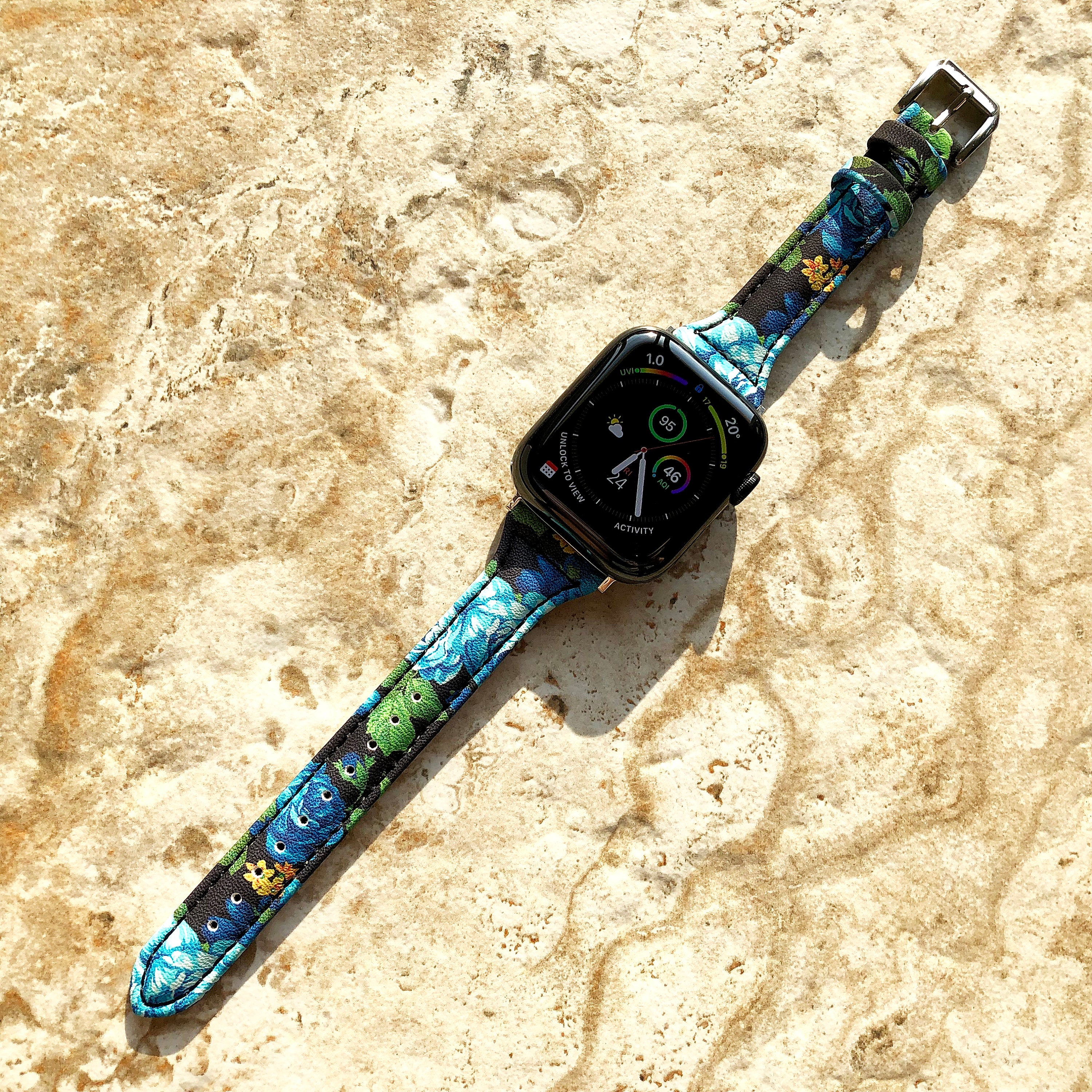 Apple Watch Blue Roses Band for All Series iWatch 38mm 40mm 41mm 42mm 44mm 45mm 49mm Slim Elegant Soft Leather Straps Bracelet
